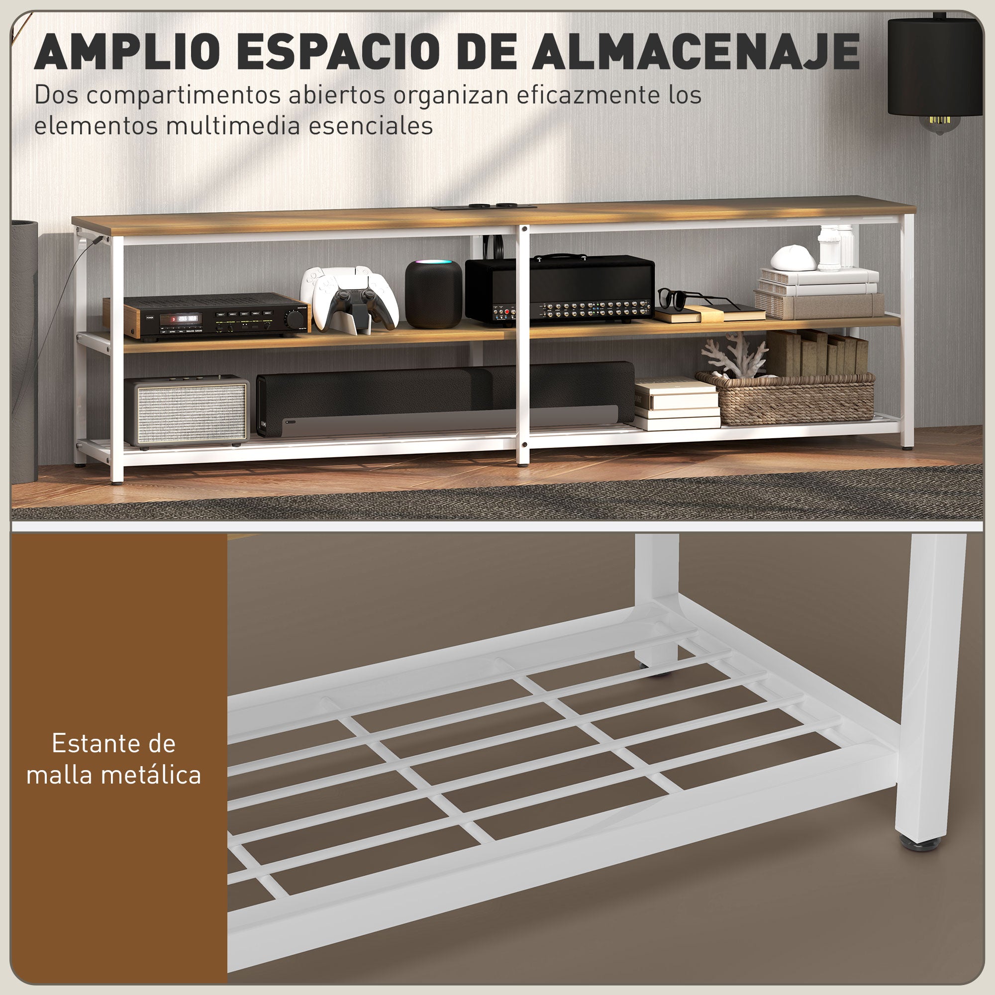 Industrial TV Stand TV Stand for Living Room with LED Lights Remote Control Extension for Charging and 2 Open Compartments TV Stand for 65-Inch TV 159x29x46.5 cm Natural