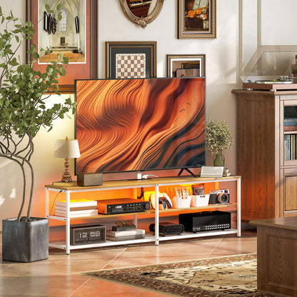 Industrial TV Stand TV Stand for Living Room with LED Lights Remote Control Extension for Charging and 2 Open Compartments TV Stand for 65-Inch TV 159x29x46.5 cm Natural