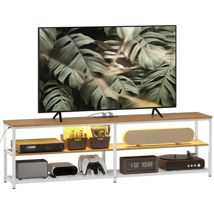 Industrial TV Stand TV Stand for Living Room with LED Lights Remote Control Extension for Charging and 2 Open Compartments TV Stand for 65-Inch TV 159x29x46.5 cm Natural