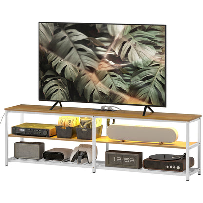 Industrial TV Stand TV Stand for Living Room with LED Lights Remote Control Extension for Charging and 2 Open Compartments TV Stand for 65-Inch TV 159x29x46.5 cm Natural
