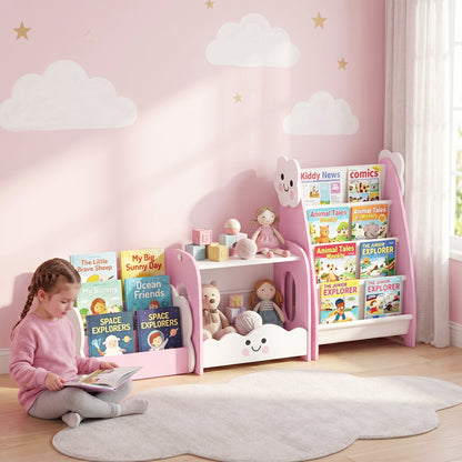 Kids Storage Unit for Ages 3–8, Modular Toy Organizer with 4-Shelf Magazine Rack, 3-Tier Bookcase & Nightstand, Pink