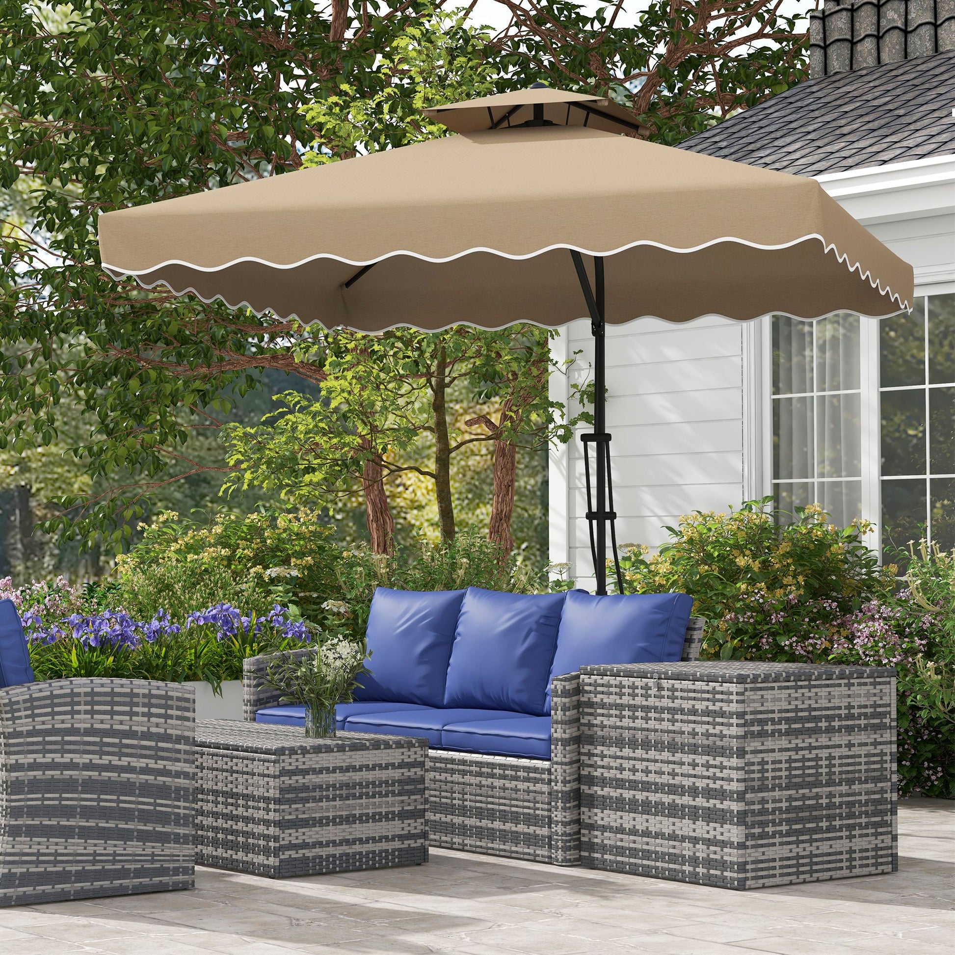 Outdoor Terrace Umbrella 2.5m Cantilever Umbrella with Crank Double Roof with Wavy Edge and Cross Base Garden Umbrella for Outdoor Patio Terrace Khaki