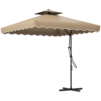 Outdoor Terrace Umbrella 2.5m Cantilever Umbrella with Crank Double Roof with Wavy Edge and Cross Base Garden Umbrella for Outdoor Patio Terrace Khaki