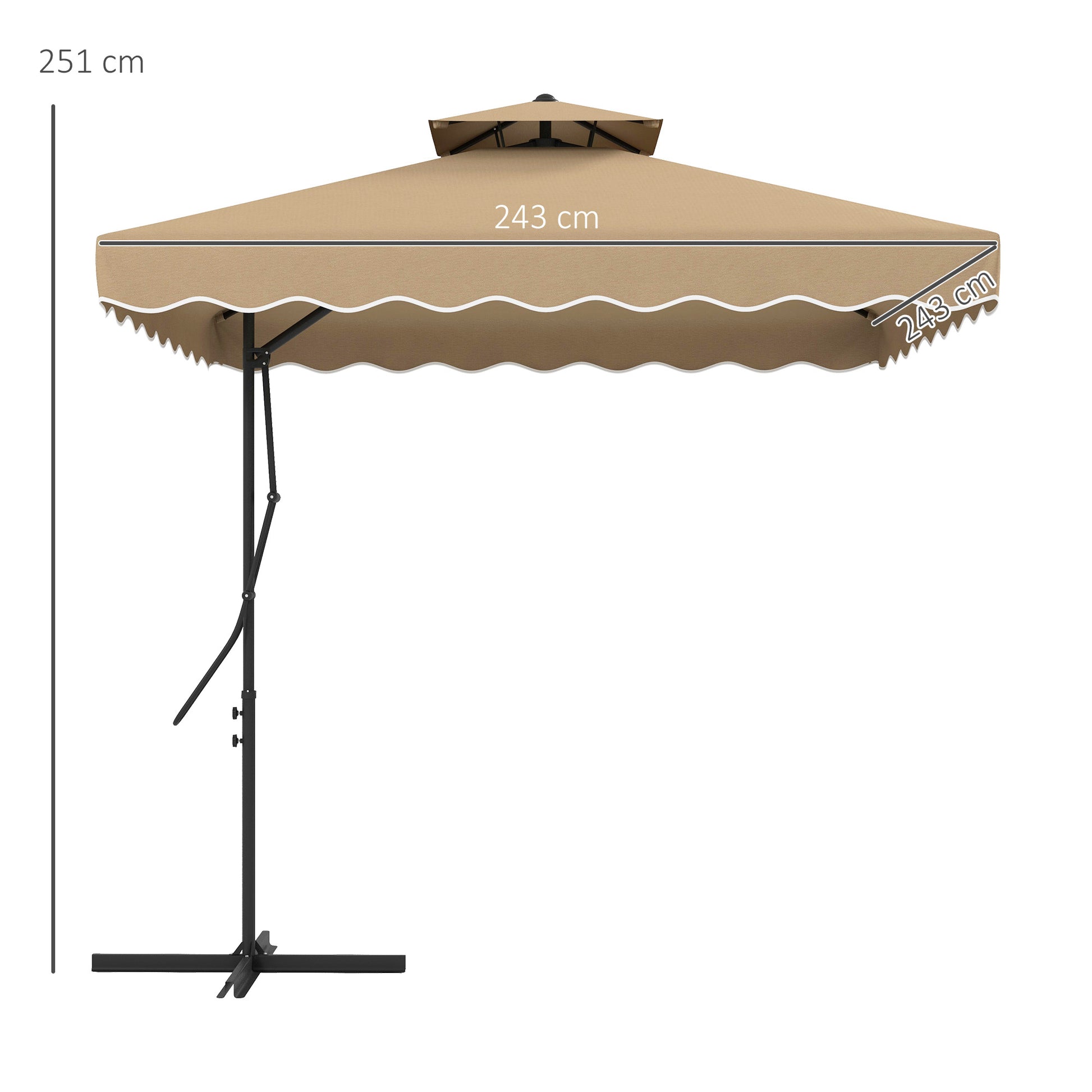 Outdoor Terrace Umbrella 2.5m Cantilever Umbrella with Crank Double Roof with Wavy Edge and Cross Base Garden Umbrella for Outdoor Patio Terrace Khaki
