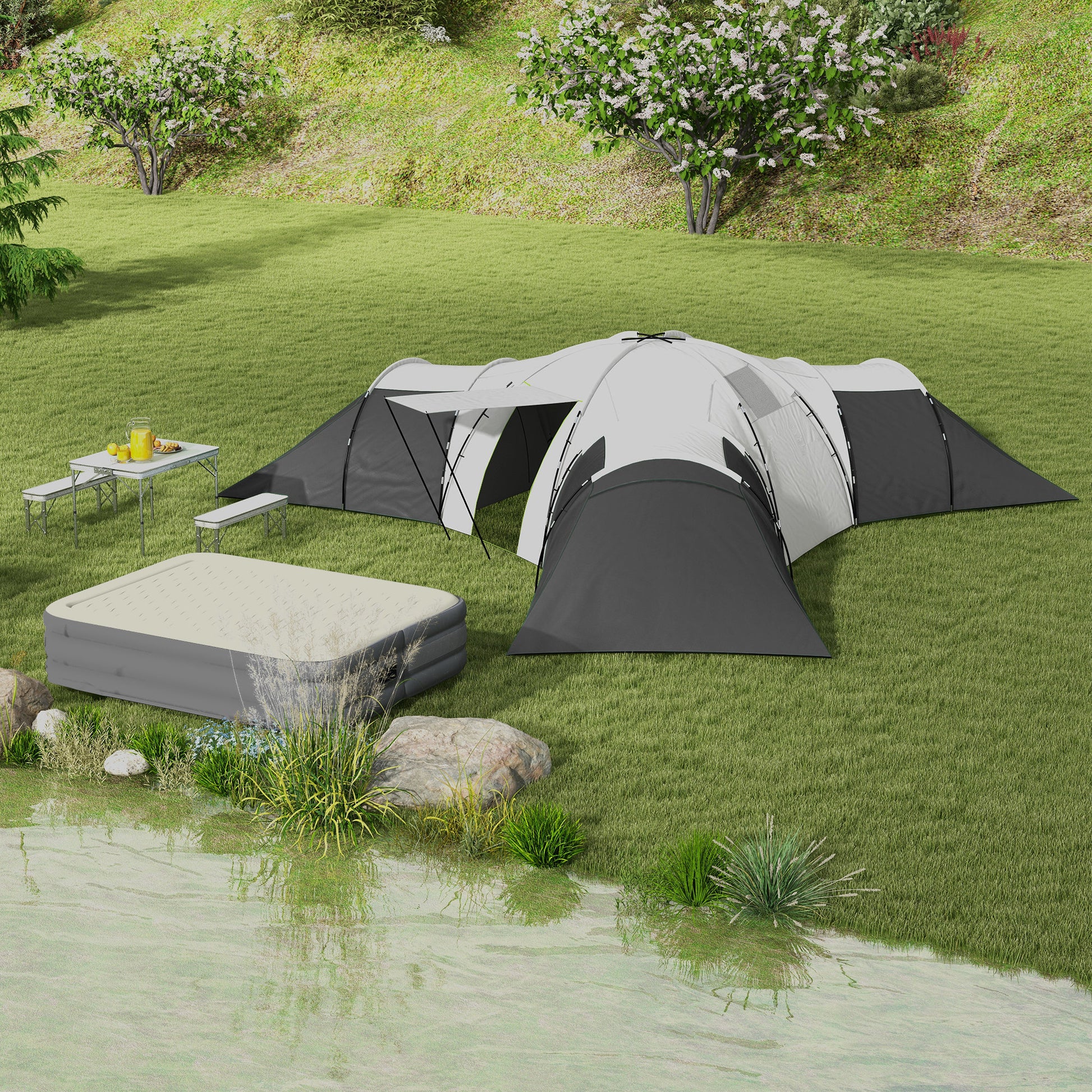 Tunnel Tent, Camping Tent for 6-9 People, Family Tent with 3 Bedrooms, Living Room, Porch, Carrying Bag, 2000mm Waterproof Oxford, for Garden, Gray