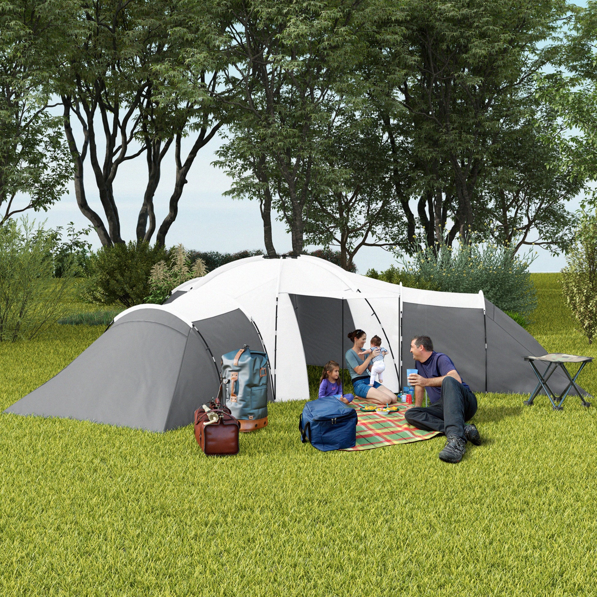 Tunnel Tent, Camping Tent for 6-9 People, Family Tent with 3 Bedrooms, Living Room, Porch, Carrying Bag, 2000mm Waterproof Oxford, for Garden, Gray