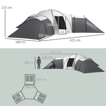 Tunnel Tent, Camping Tent for 6-9 People, Family Tent with 3 Bedrooms, Living Room, Porch, Carrying Bag, 2000mm Waterproof Oxford, for Garden, Gray