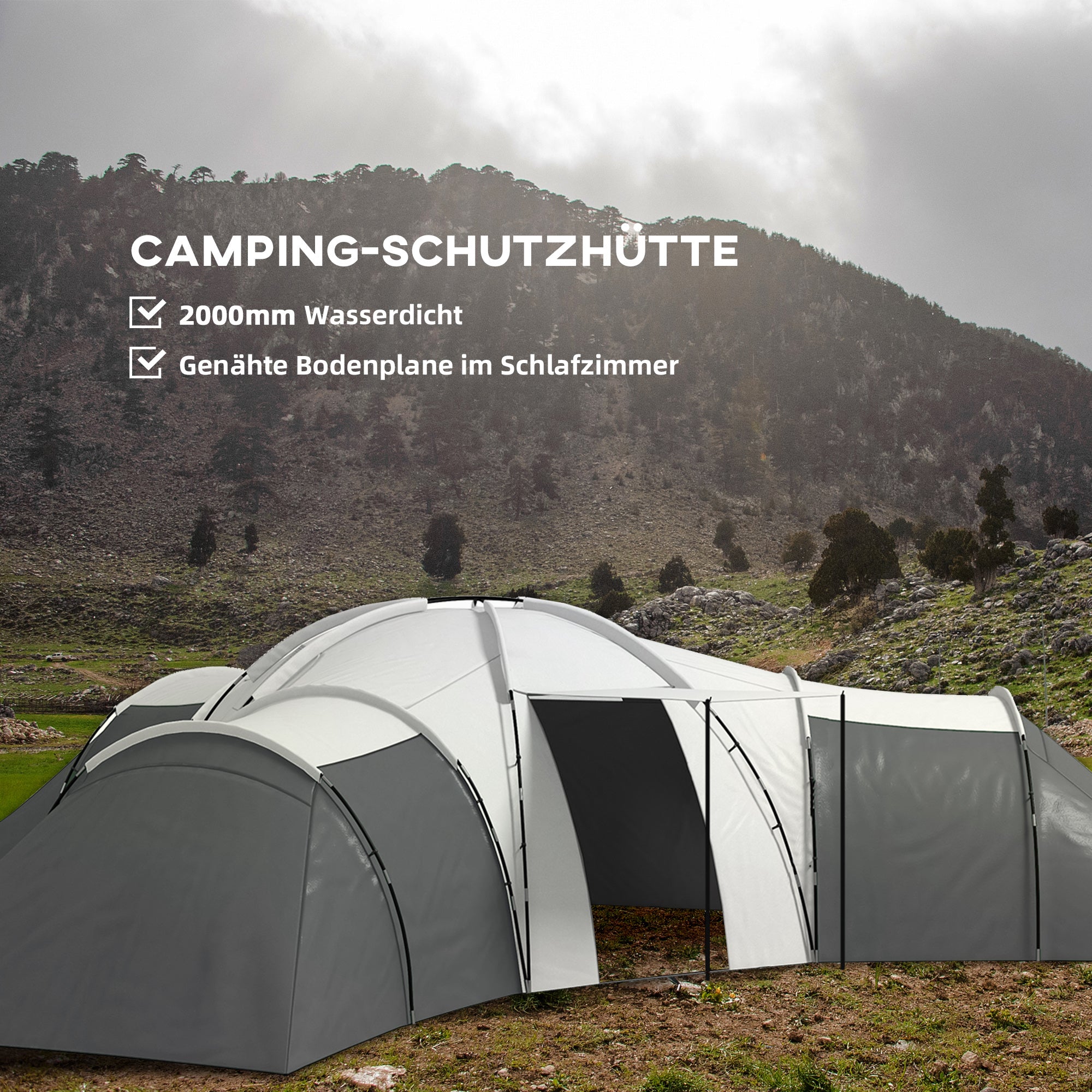 Tunnel Tent, Camping Tent for 6-9 People, Family Tent with 3 Bedrooms, Living Room, Porch, Carrying Bag, 2000mm Waterproof Oxford, for Garden, Gray