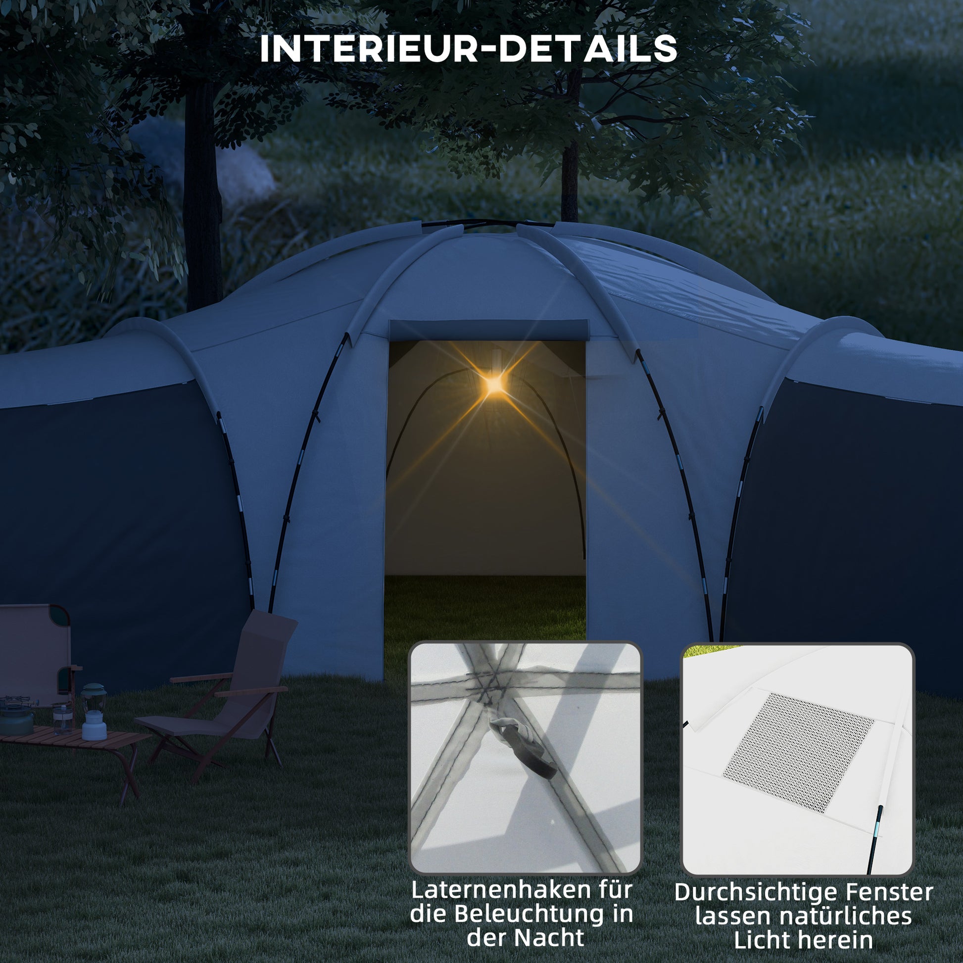 Tunnel Tent, Camping Tent for 6-9 People, Family Tent with 3 Bedrooms, Living Room, Porch, Carrying Bag, 2000mm Waterproof Oxford, for Garden, Gray