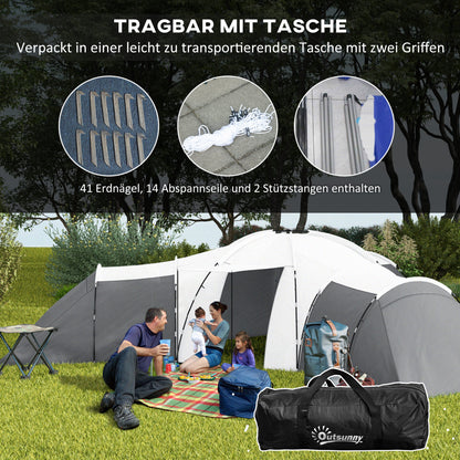 Tunnel Tent, Camping Tent for 6-9 People, Family Tent with 3 Bedrooms, Living Room, Porch, Carrying Bag, 2000mm Waterproof Oxford, for Garden, Gray