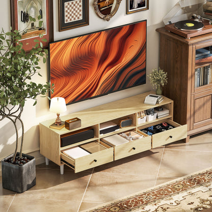 TV Stand TV Cabinet Wood TV Unit for TVs up to 75" with 3 Drawers, 3 Open Shelves, Cable Management, for Living Room Bedroom, 140 x 34 x 45 cm, Natural Wood