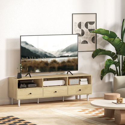 TV Stand TV Cabinet Wood TV Unit for TVs up to 75" with 3 Drawers, 3 Open Shelves, Cable Management, for Living Room Bedroom, 140 x 34 x 45 cm, Natural Wood
