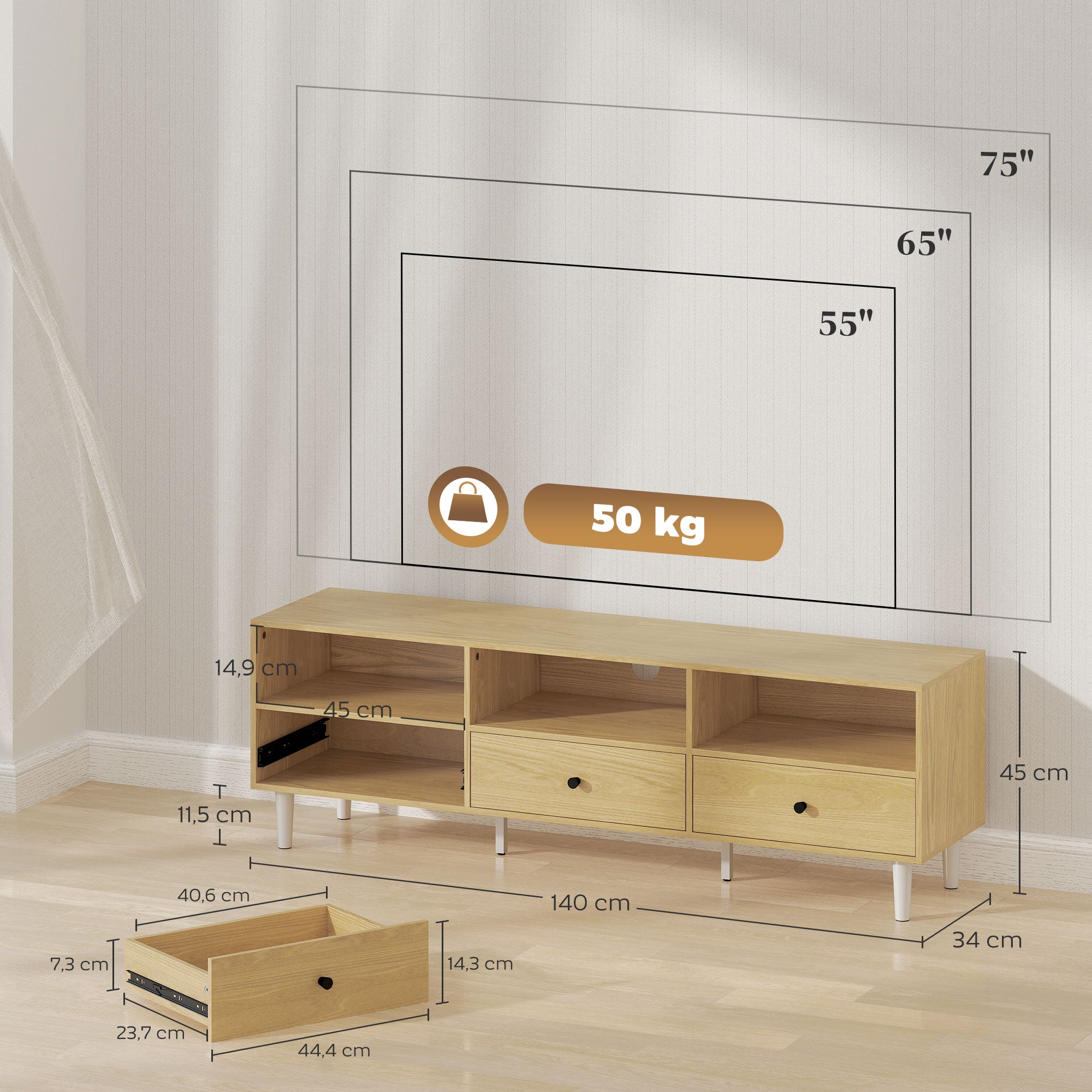 TV Stand TV Cabinet Wood TV Unit for TVs up to 75" with 3 Drawers, 3 Open Shelves, Cable Management, for Living Room Bedroom, 140 x 34 x 45 cm, Natural Wood