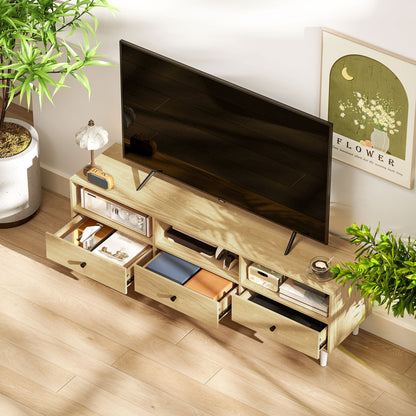 TV Stand TV Cabinet Wood TV Unit for TVs up to 75" with 3 Drawers, 3 Open Shelves, Cable Management, for Living Room Bedroom, 140 x 34 x 45 cm, Natural Wood