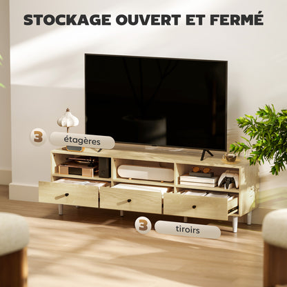 TV Stand TV Cabinet Wood TV Unit for TVs up to 75" with 3 Drawers, 3 Open Shelves, Cable Management, for Living Room Bedroom, 140 x 34 x 45 cm, Natural Wood