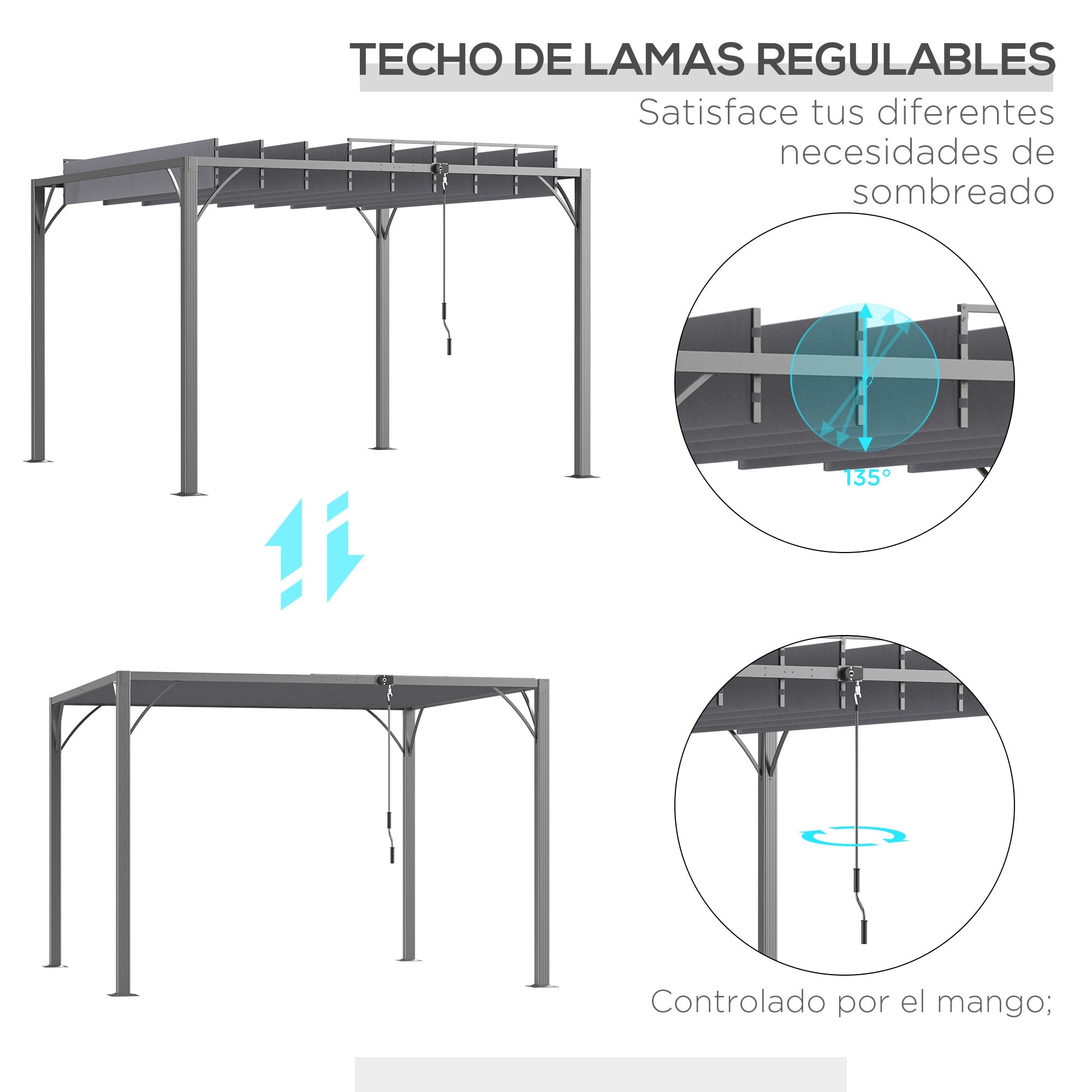 Garden Gazebo 3x3m Aluminum Pergola with Rotating Adjustable Slats Top Design up to 135° and UV 50+ Protection Pavilion for Patio Terrace Balcony Gray