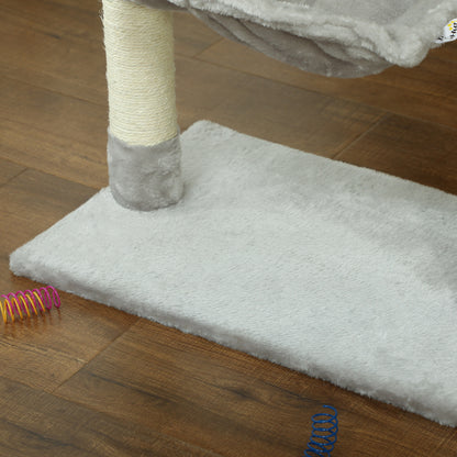 Cat Tree with 3 Scratching Posts Sisal Natural Platform Hammock and Hanging Ball Toy dimensions 19.7L x 10.2W x 27.6H inches short plush light grey