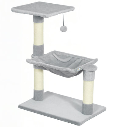 Cat Tree with 3 Scratching Posts Sisal Natural Platform Hammock and Hanging Ball Toy dimensions 19.7L x 10.2W x 27.6H inches short plush light grey