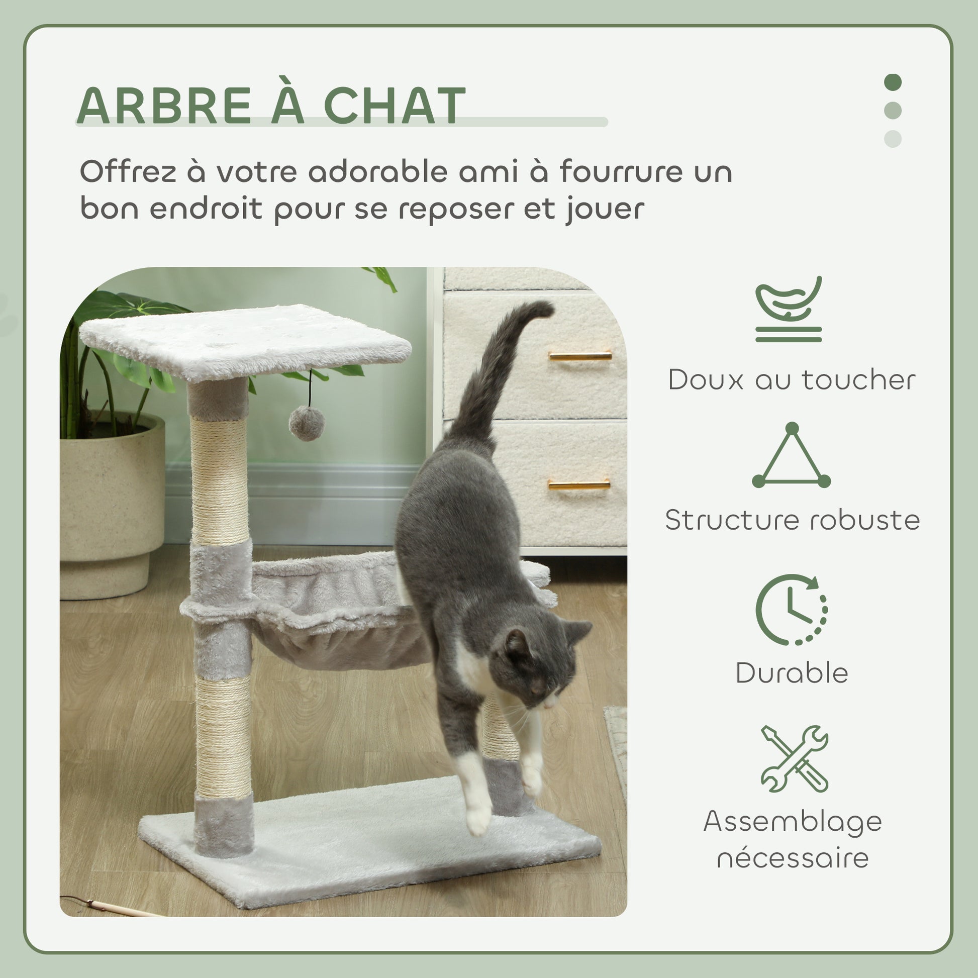 Cat Tree with 3 Scratching Posts Sisal Natural Platform Hammock and Hanging Ball Toy dimensions 19.7L x 10.2W x 27.6H inches short plush light grey