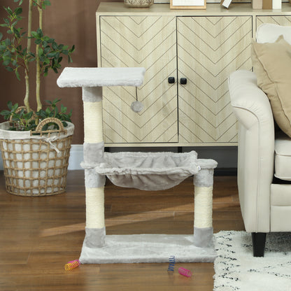 Cat Tree with 3 Scratching Posts Sisal Natural Platform Hammock and Hanging Ball Toy dimensions 19.7L x 10.2W x 27.6H inches short plush light grey