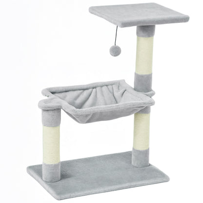 Cat Tree with 3 Scratching Posts Sisal Natural Platform Hammock and Hanging Ball Toy dimensions 19.7L x 10.2W x 27.6H inches short plush light grey