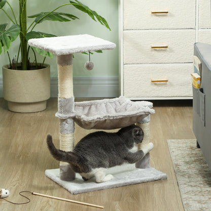 Cat Tree with 3 Scratching Posts Sisal Natural Platform Hammock and Hanging Ball Toy dimensions 19.7L x 10.2W x 27.6H inches short plush light grey
