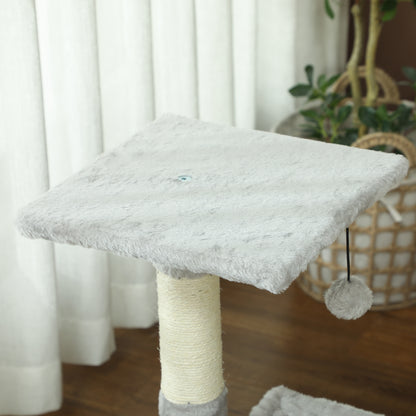 Cat Tree with 3 Scratching Posts Sisal Natural Platform Hammock and Hanging Ball Toy dimensions 19.7L x 10.2W x 27.6H inches short plush light grey