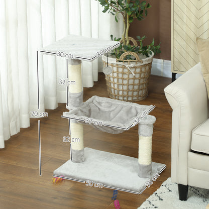 Cat Tree with 3 Scratching Posts Sisal Natural Platform Hammock and Hanging Ball Toy dimensions 19.7L x 10.2W x 27.6H inches short plush light grey