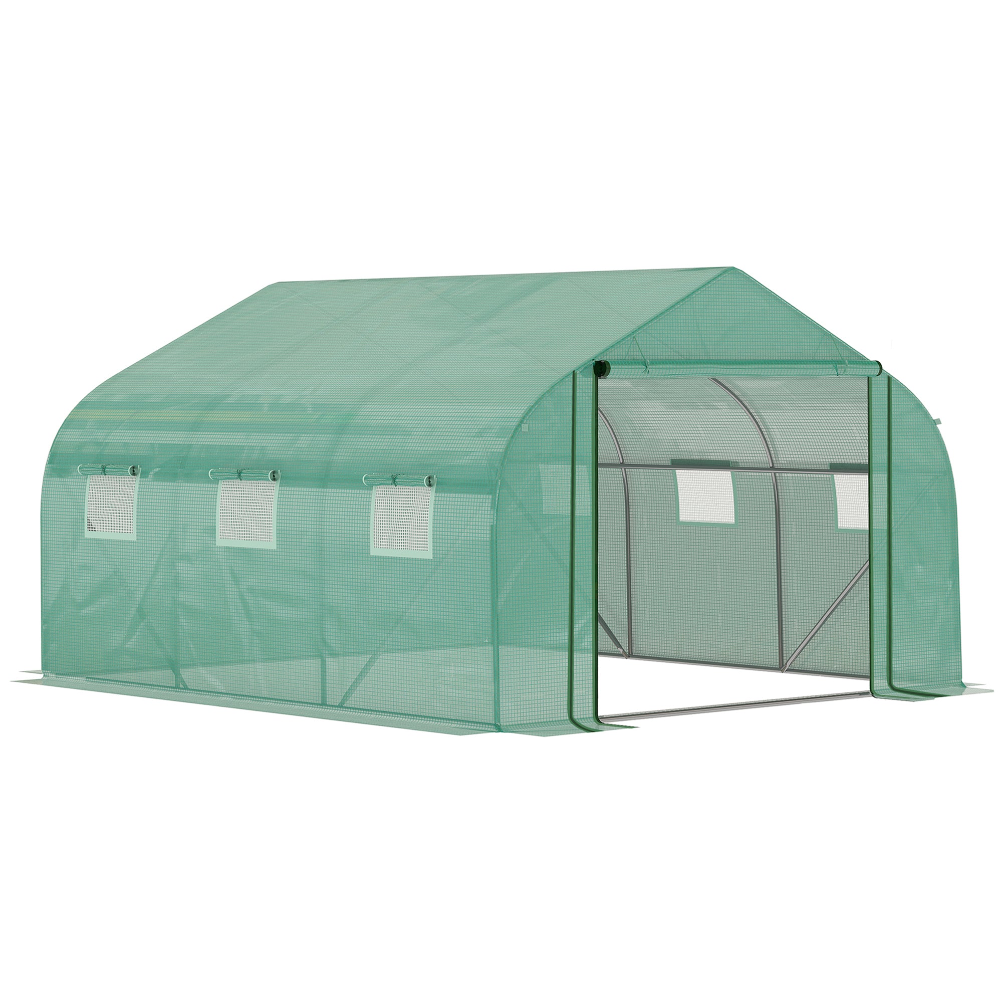 Green Tunnel Greenhouse 3.5x3x2 m Garden Greenhouse with Door and 6 Roll-Up Polyethylene PE Windows 140g/m² Galvanized Metal for Cultivating Plants Flowers