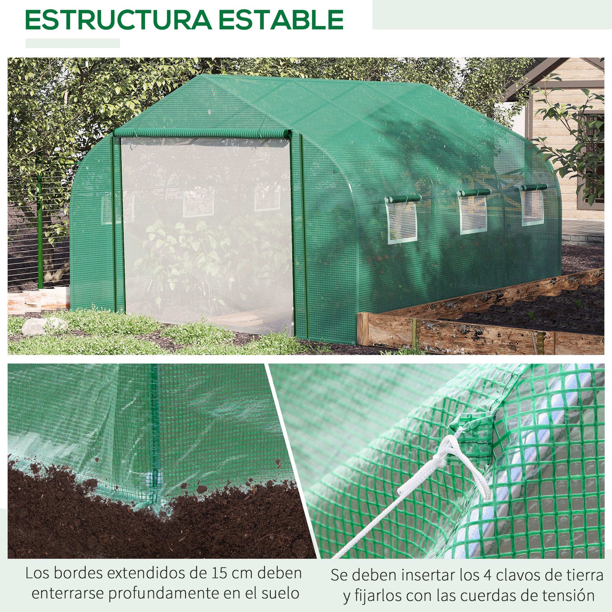 Green Tunnel Greenhouse 3.5x3x2 m Garden Greenhouse with Door and 6 Roll-Up Polyethylene PE Windows 140g/m² Galvanized Metal for Cultivating Plants Flowers