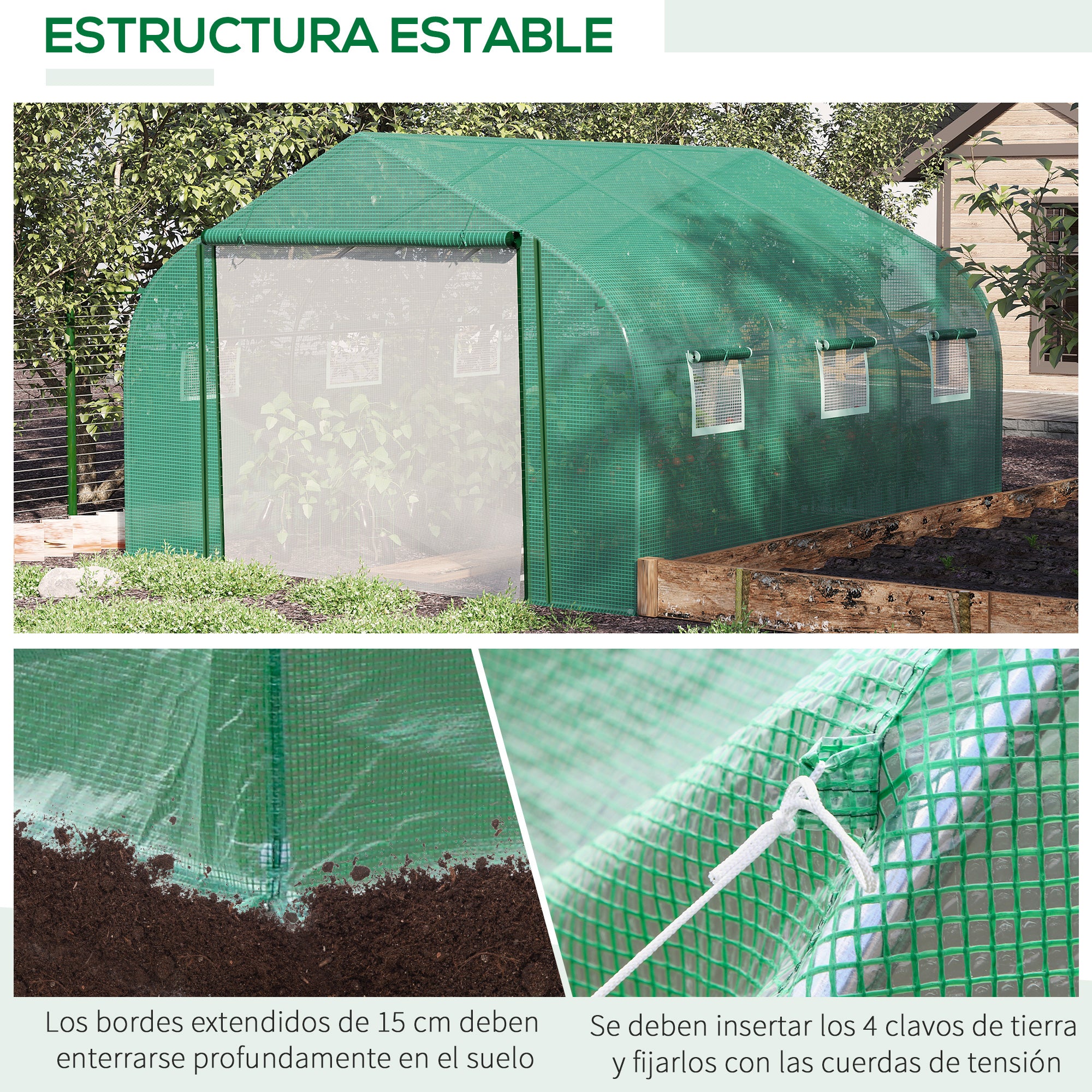 Green Tunnel Greenhouse 3.5x3x2 m Garden Greenhouse with Door and 6 Roll-Up Polyethylene PE Windows 140g/m² Galvanized Metal for Cultivating Plants Flowers