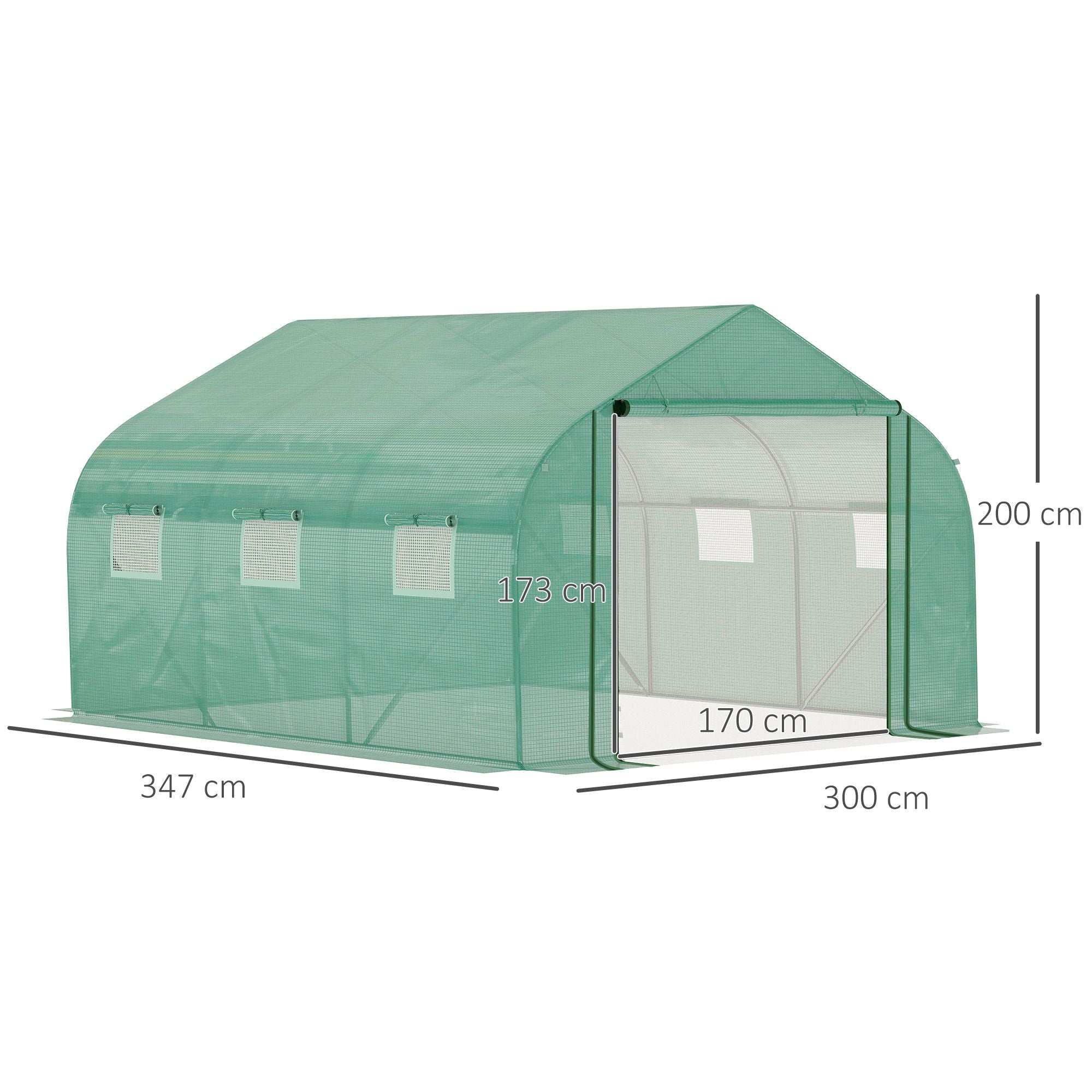 Green Tunnel Greenhouse 3.5x3x2 m Garden Greenhouse with Door and 6 Roll-Up Polyethylene PE Windows 140g/m² Galvanized Metal for Cultivating Plants Flowers