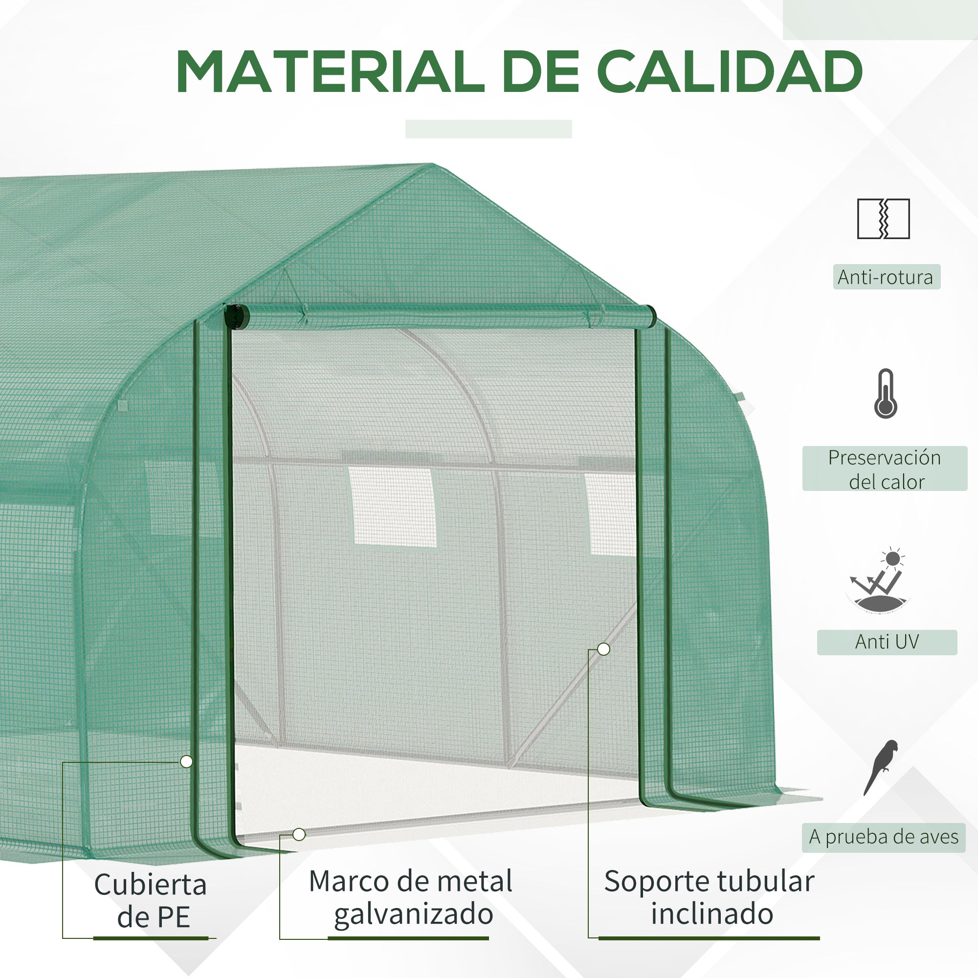 Green Tunnel Greenhouse 3.5x3x2 m Garden Greenhouse with Door and 6 Roll-Up Polyethylene PE Windows 140g/m² Galvanized Metal for Cultivating Plants Flowers