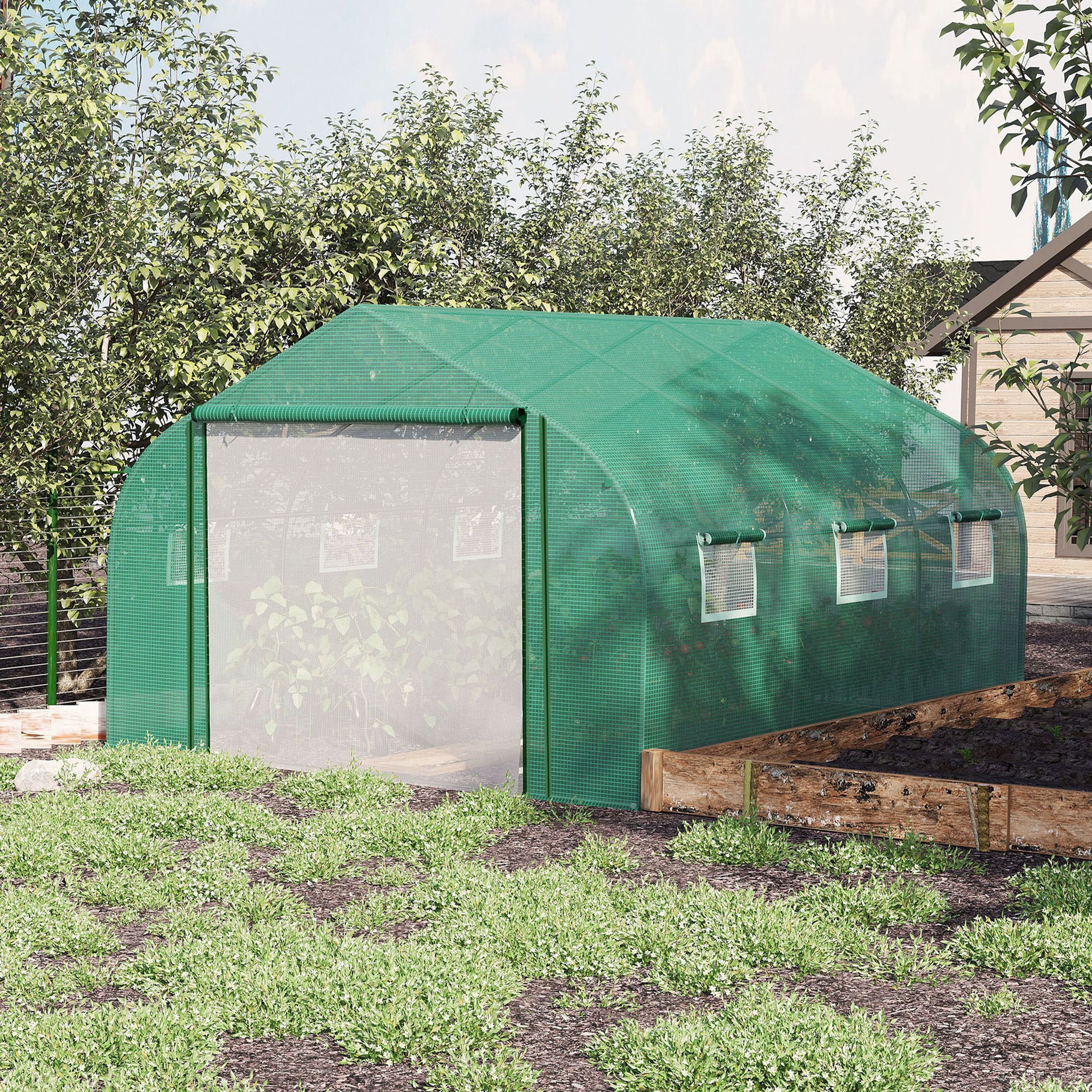 Green Tunnel Greenhouse 3.5x3x2 m Garden Greenhouse with Door and 6 Roll-Up Polyethylene PE Windows 140g/m² Galvanized Metal for Cultivating Plants Flowers