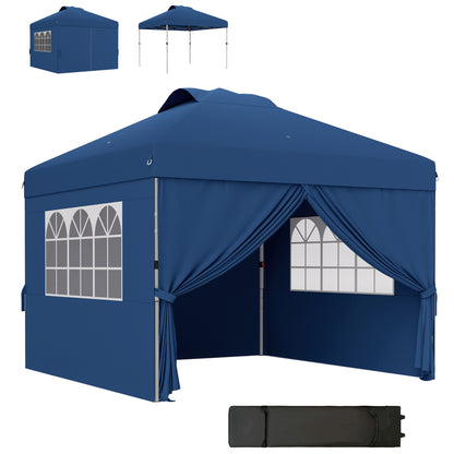 Folding Garden Gazebo Pop-up Reception Tent 3 x 3 Adjustable Height with Side Walls, Vents, Windows, and Oxford Fabric Wheeled Carry Bag - Dark Blue