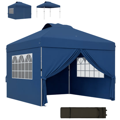 Folding Garden Gazebo Pop-up Reception Tent 3 x 3 Adjustable Height with Side Walls, Vents, Windows, and Oxford Fabric Wheeled Carry Bag - Dark Blue