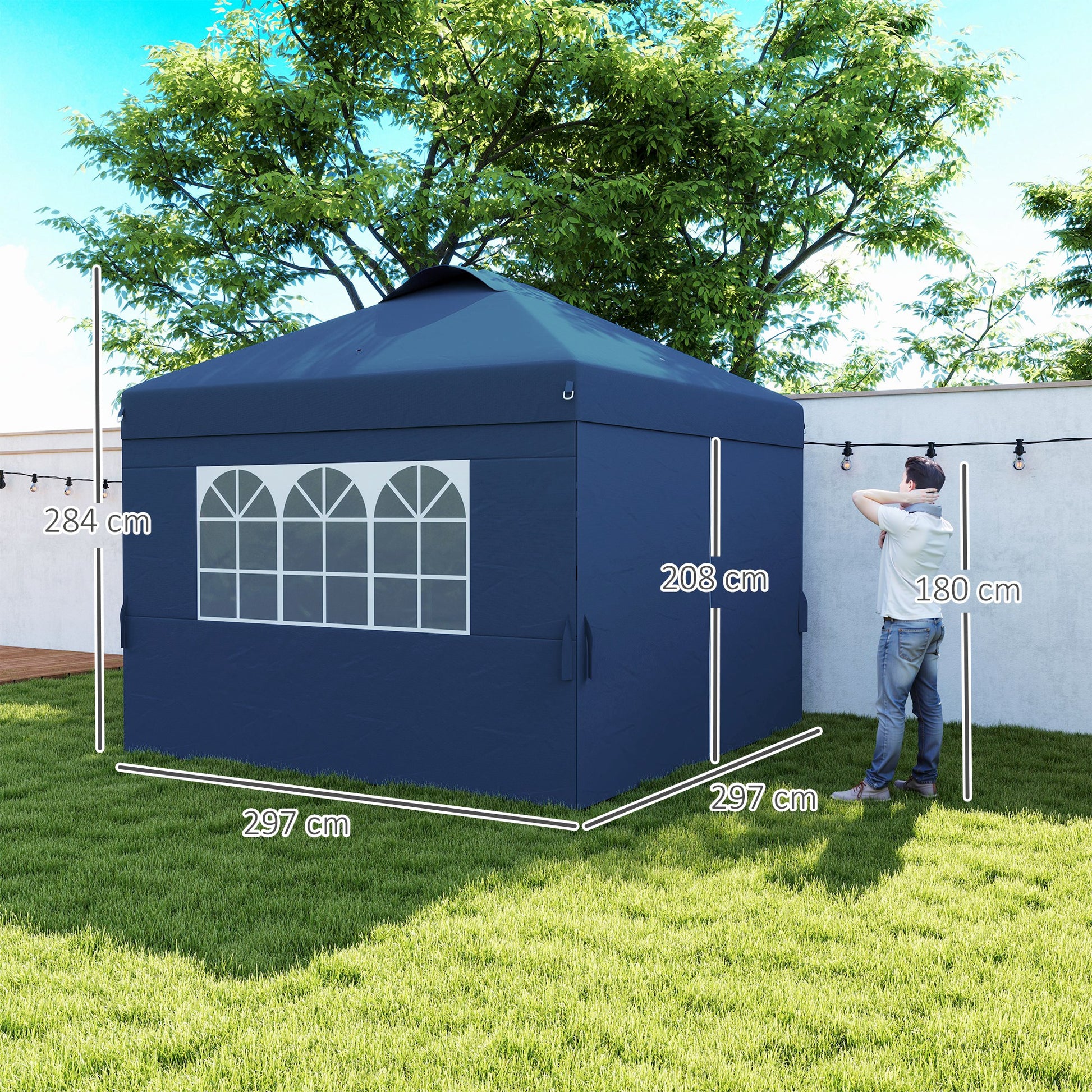 Folding Garden Gazebo Pop-up Reception Tent 3 x 3 Adjustable Height with Side Walls, Vents, Windows, and Oxford Fabric Wheeled Carry Bag - Dark Blue