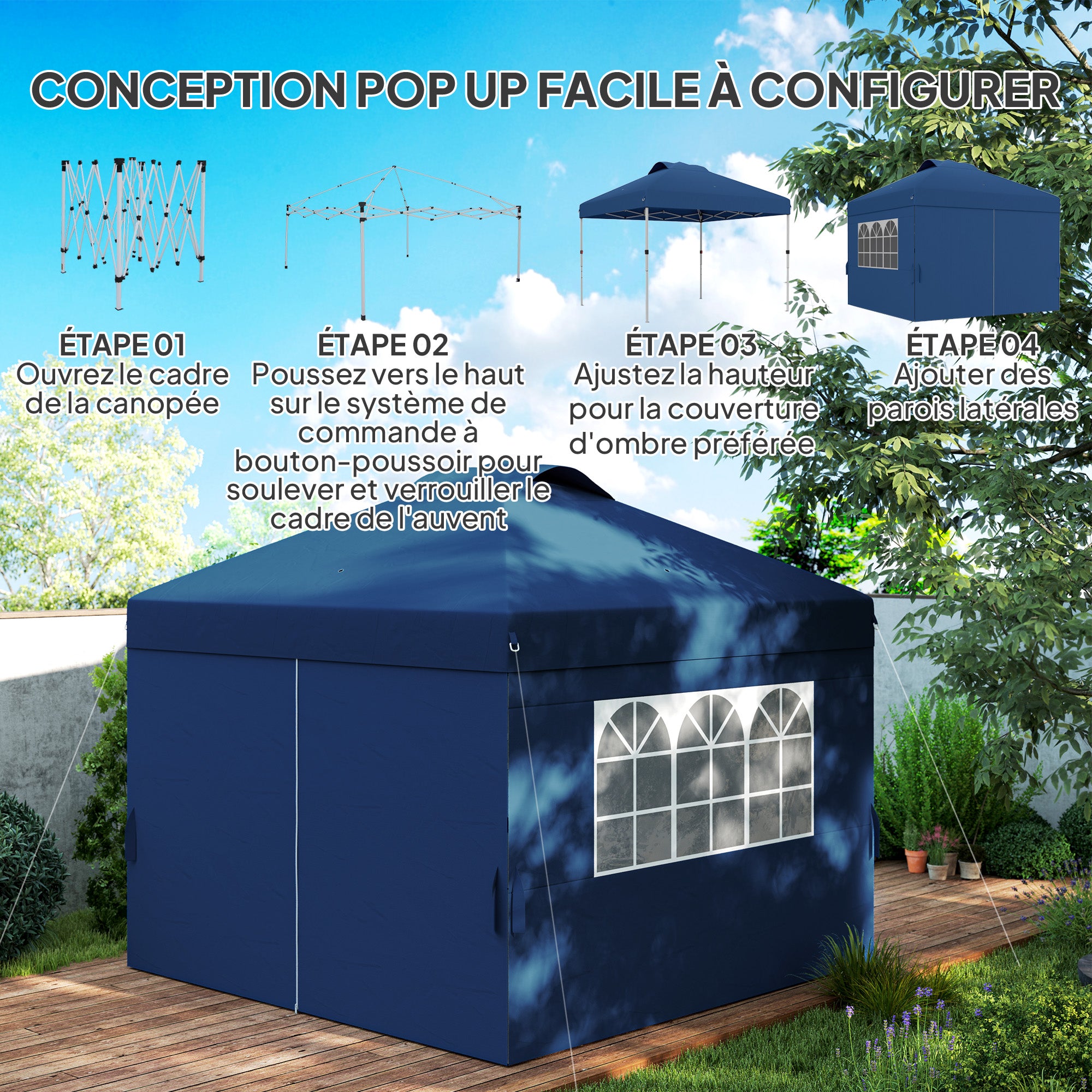 Folding Garden Gazebo Pop-up Reception Tent 3 x 3 Adjustable Height with Side Walls, Vents, Windows, and Oxford Fabric Wheeled Carry Bag - Dark Blue
