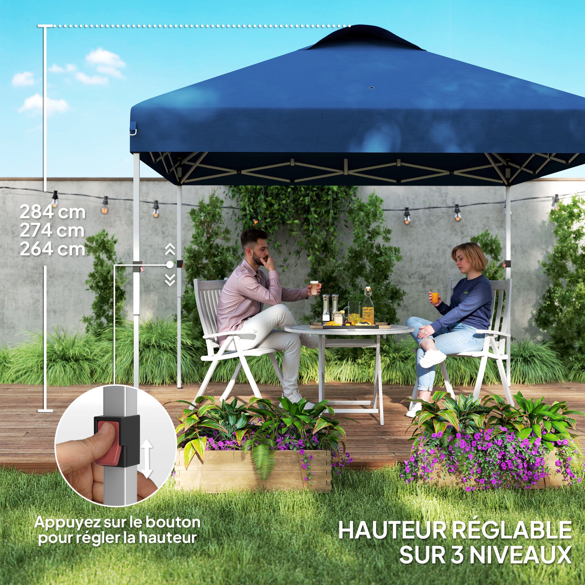 Folding Garden Gazebo Pop-up Reception Tent 3 x 3 Adjustable Height with Side Walls, Vents, Windows, and Oxford Fabric Wheeled Carry Bag - Dark Blue