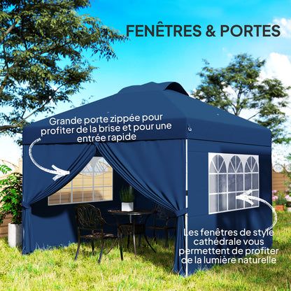 Folding Garden Gazebo Pop-up Reception Tent 3 x 3 Adjustable Height with Side Walls, Vents, Windows, and Oxford Fabric Wheeled Carry Bag - Dark Blue