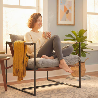 Accent Chair — Padded Printed Velvet Upholstery, Wide Seat, Carbon Steel Frame, Light Gray