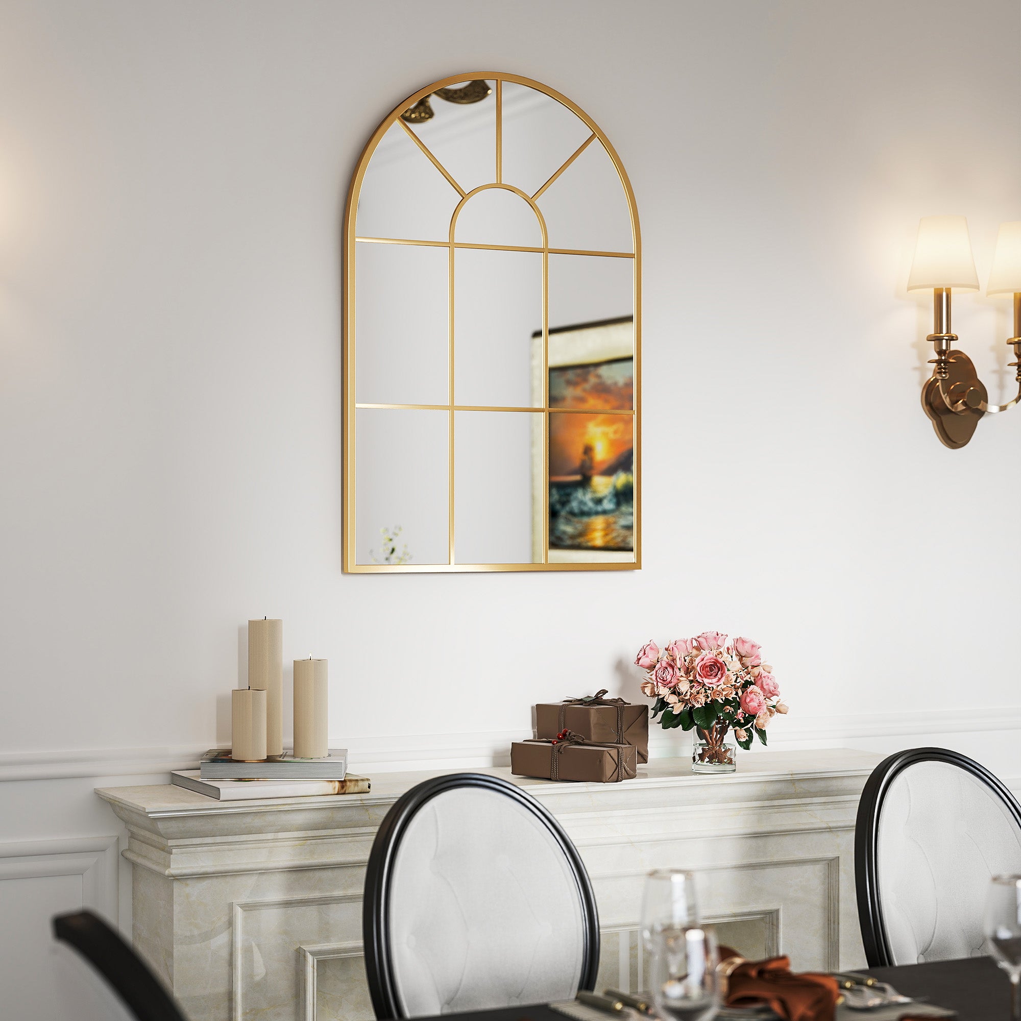 Wall Mirror 91 x 60 cm Window Mirror with Metal Frame Decorative Hanging Mirror Hall Mirror for Bedroom Living Room Gold