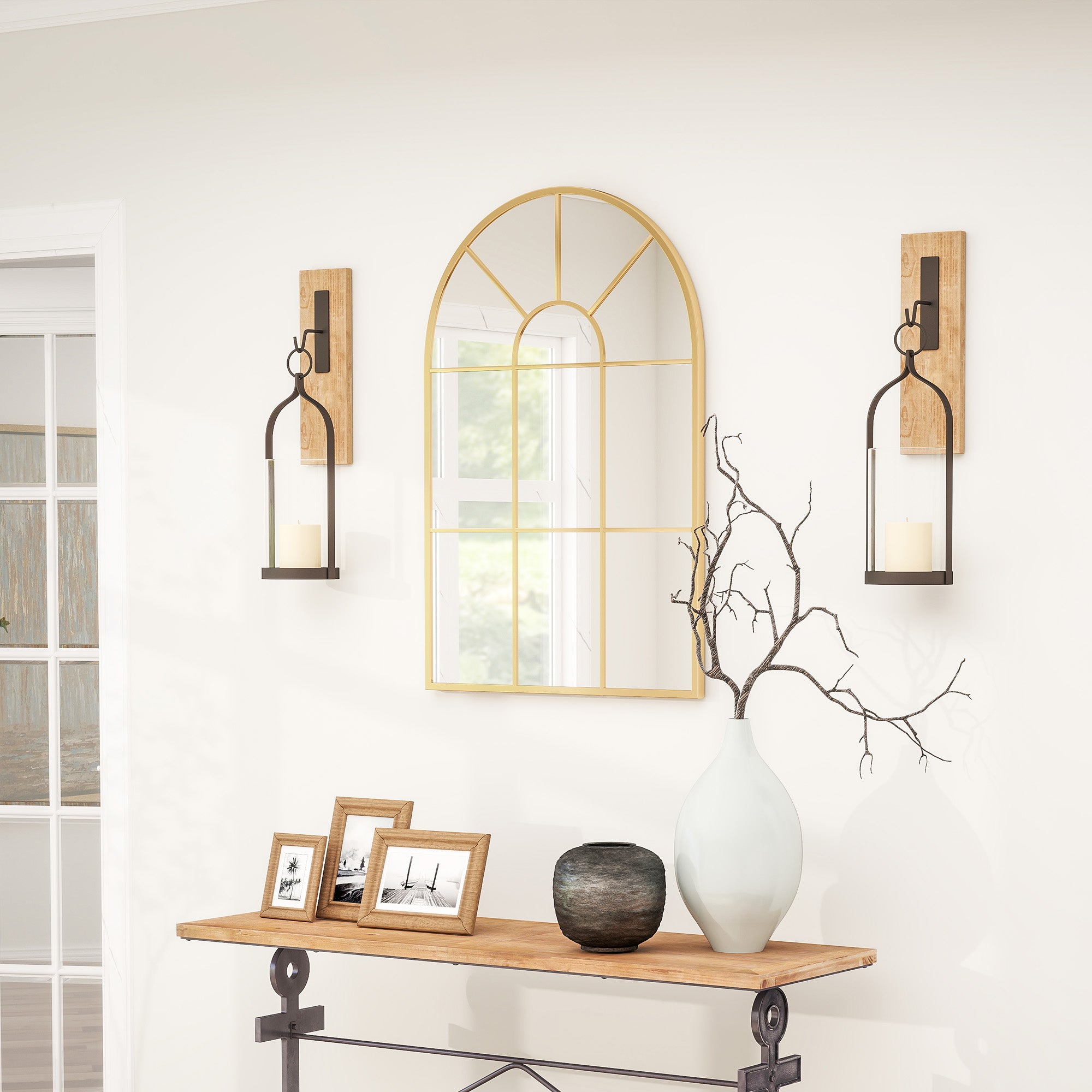 Wall Mirror 91 x 60 cm Window Mirror with Metal Frame Decorative Hanging Mirror Hall Mirror for Bedroom Living Room Gold