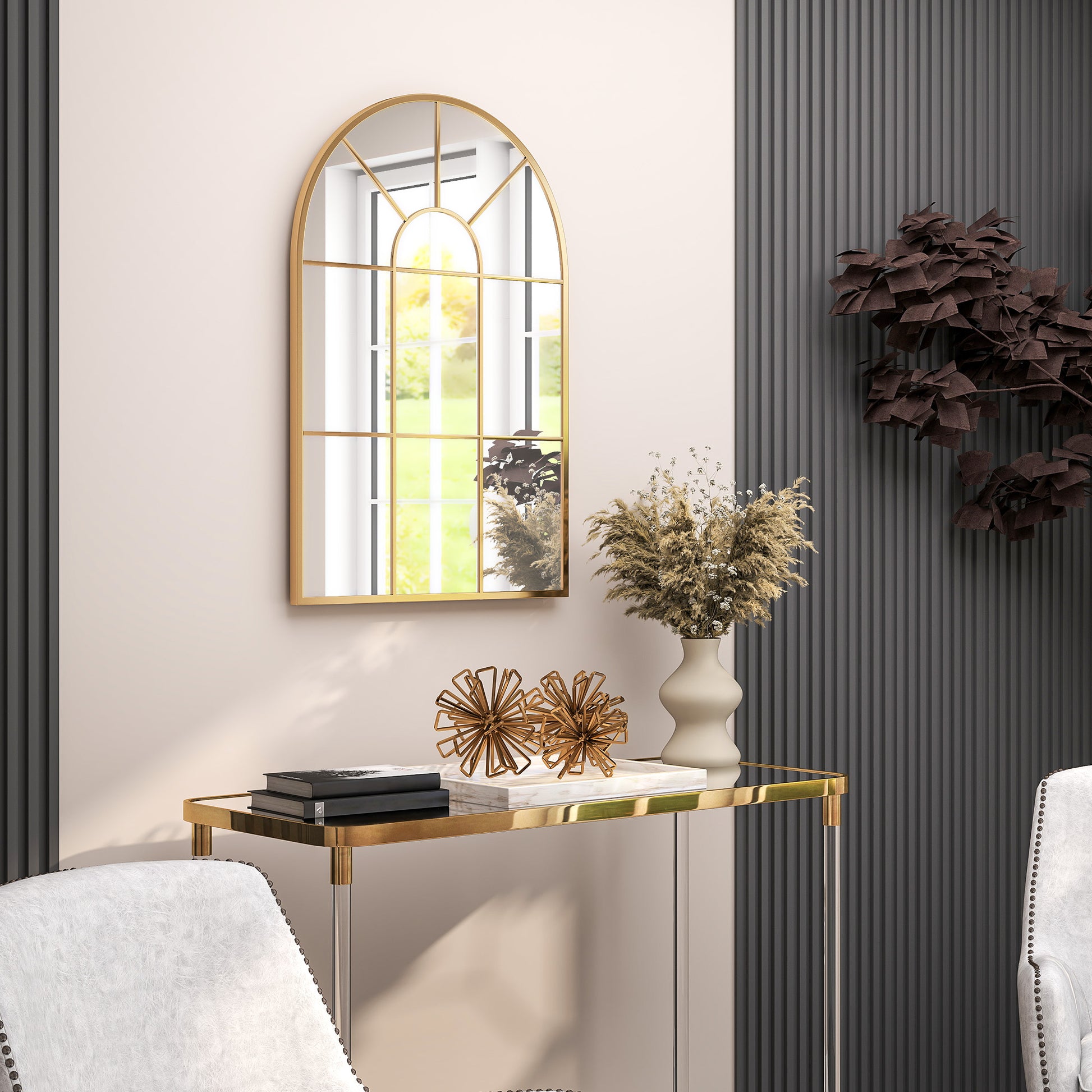Wall Mirror 91 x 60 cm Window Mirror with Metal Frame Decorative Hanging Mirror Hall Mirror for Bedroom Living Room Gold