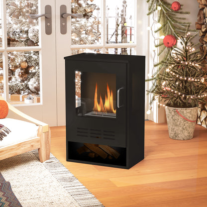 Freestanding Bioethanol Fireplace with 0.9L Burner for 3.3 Hour Duration, Steel and Glass Fireplace, Ethanol Fireplace Covering 20㎡, 44x28x68 cm, Black