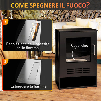 Freestanding Bioethanol Fireplace with 0.9L Burner for 3.3 Hour Duration, Steel and Glass Fireplace, Ethanol Fireplace Covering 20㎡, 44x28x68 cm, Black