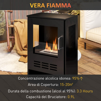 Freestanding Bioethanol Fireplace with 0.9L Burner for 3.3 Hour Duration, Steel and Glass Fireplace, Ethanol Fireplace Covering 20㎡, 44x28x68 cm, Black