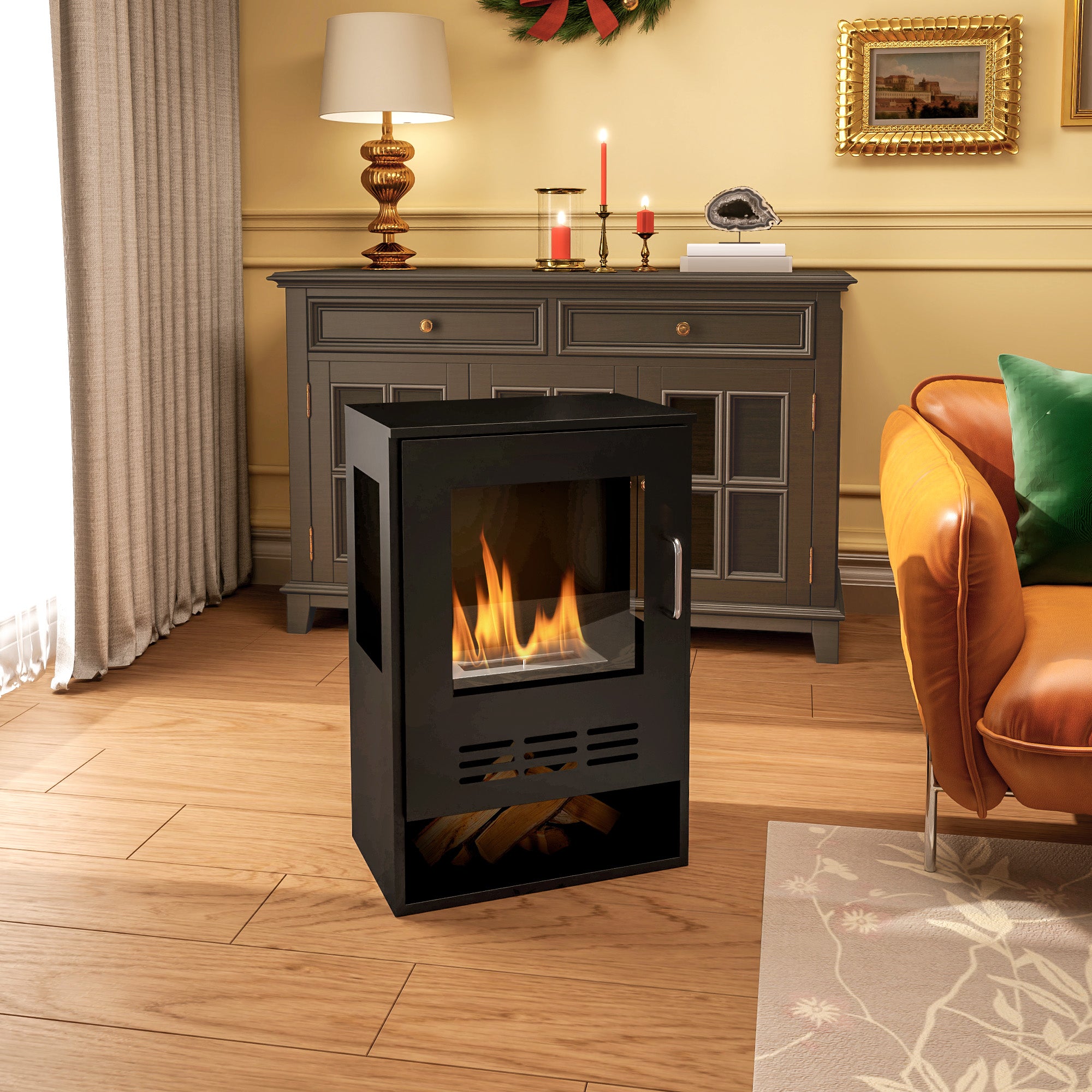 Freestanding Bioethanol Fireplace with 0.9L Burner for 3.3 Hour Duration, Steel and Glass Fireplace, Ethanol Fireplace Covering 20㎡, 44x28x68 cm, Black