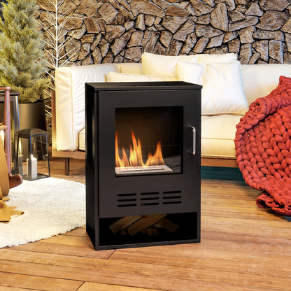 Freestanding Bioethanol Fireplace with 0.9L Burner for 3.3 Hour Duration, Steel and Glass Fireplace, Ethanol Fireplace Covering 20㎡, 44x28x68 cm, Black