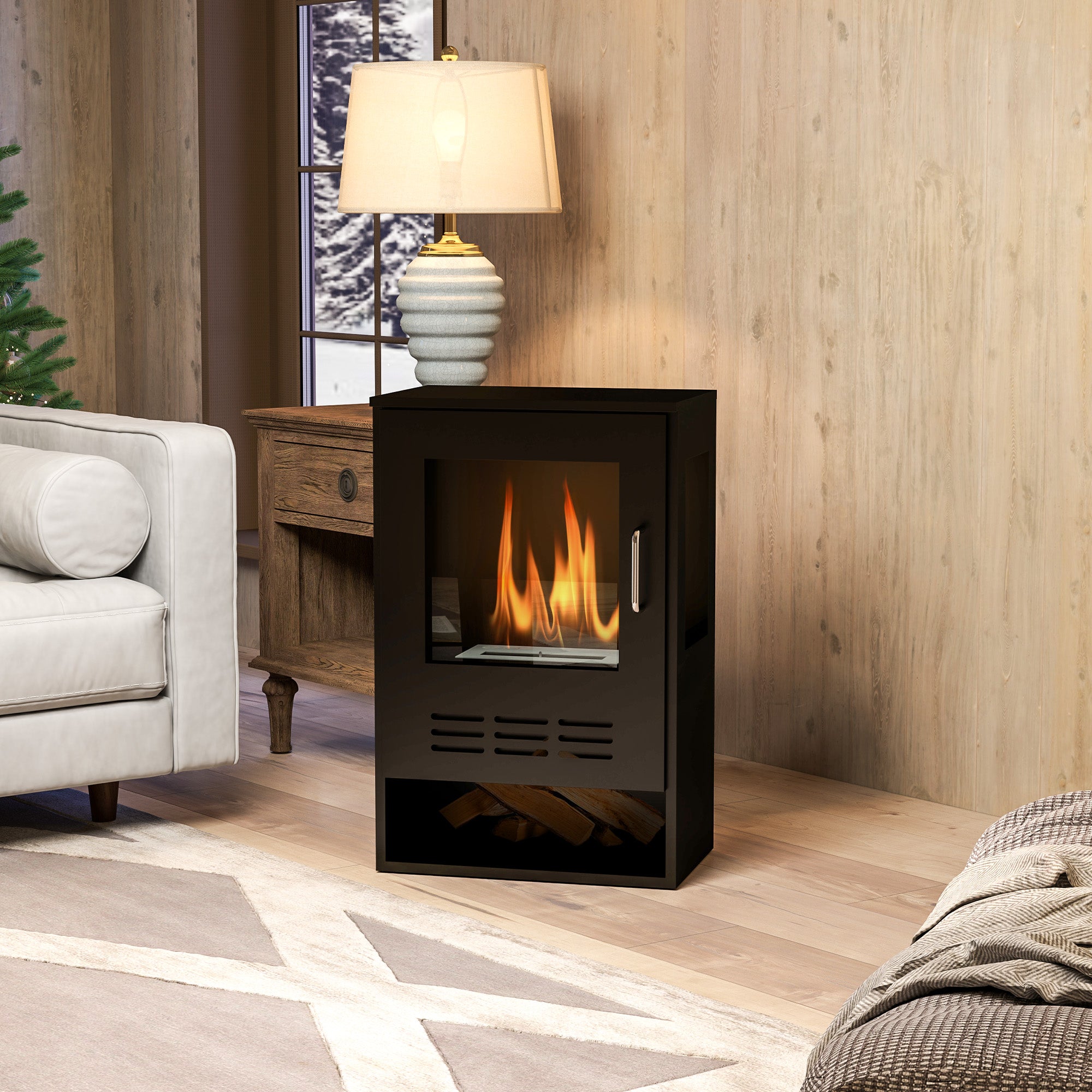 Freestanding Bioethanol Fireplace with 0.9L Burner for 3.3 Hour Duration, Steel and Glass Fireplace, Ethanol Fireplace Covering 20㎡, 44x28x68 cm, Black